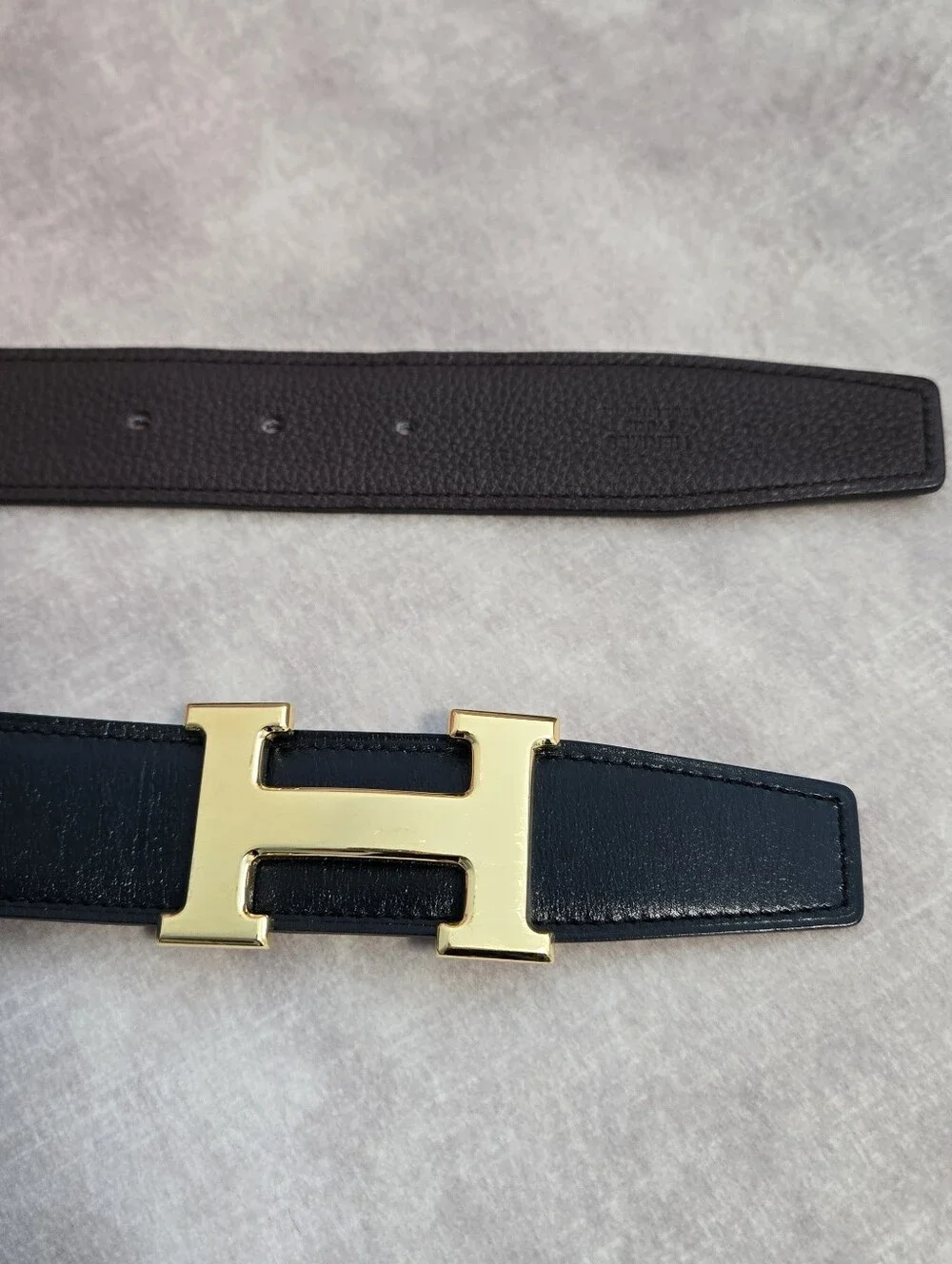 Hermes 32mm Reversible Black/Chocolate Leather Belt, Gold Buckle, Size 80